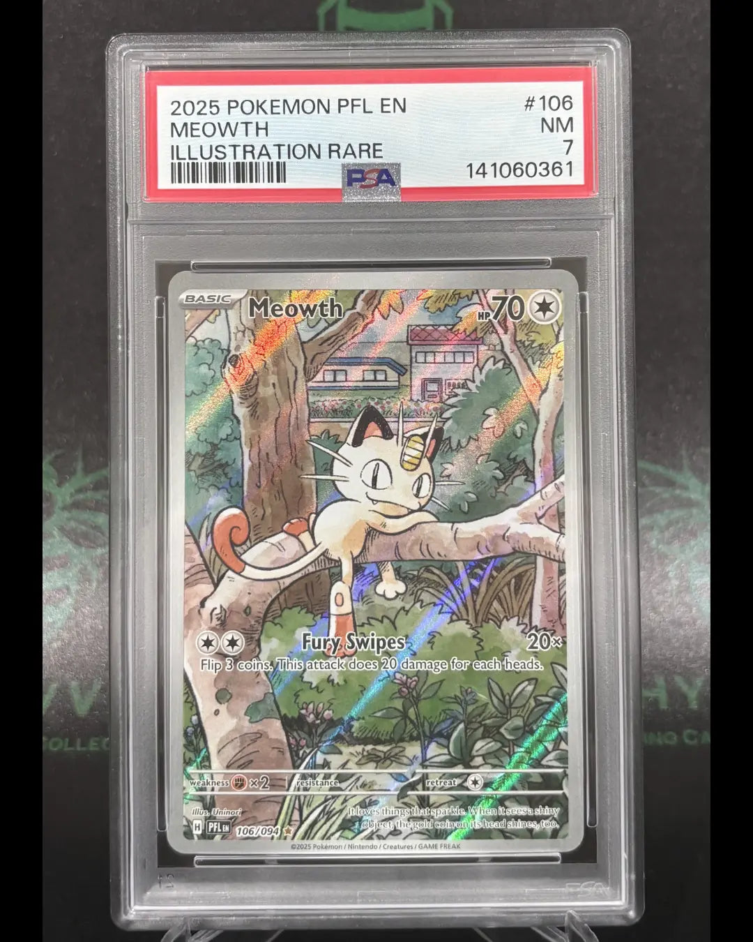 2025 Pokemon Phantasmal Flames Meowth Illustration Rare PSA 7 NEAR MINT + HYYVVE