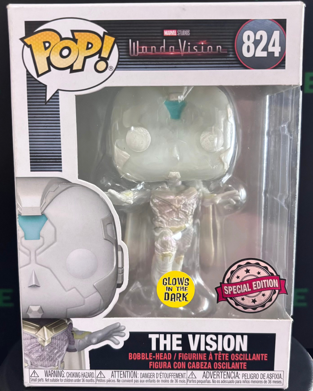 This is a Funko Pop! Marvel WandaVision The Vision #824 Special Edition Vinyl Figure