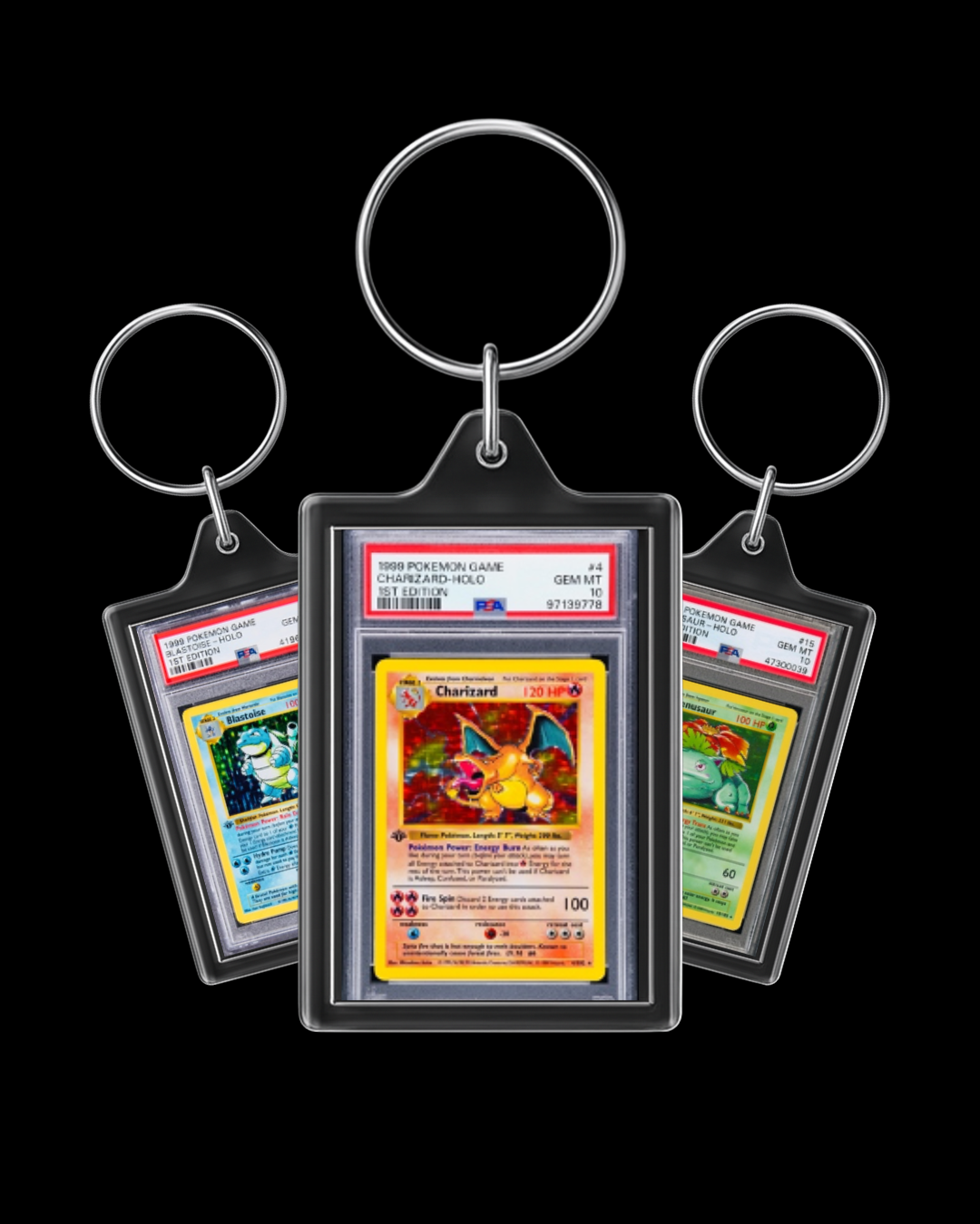 Base Set 3 Pack Trio Keyring Chain Trading Cards Charizard, Blastoise, and Venusaur